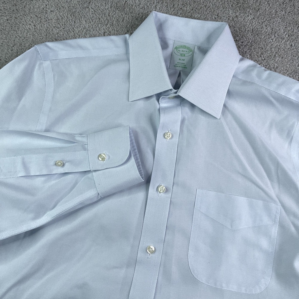 Brooks Brothers Shirt Mens 15 32 White Blue Dots Slim Fit Non Iron Cotton